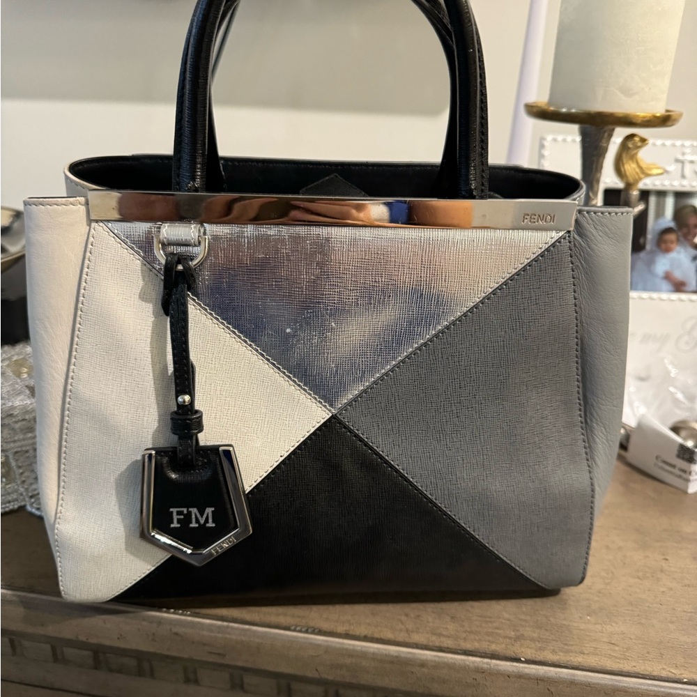 Fendi Patchwork Leather Satchel in Black, Gray, White & Silver